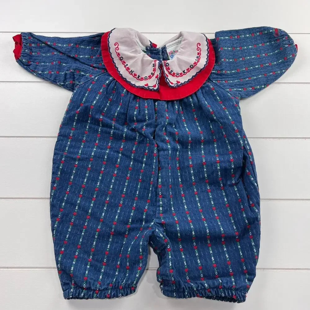 OshKosh B'gosh Vintage Embroidered Hearts Denim Romper Girls size 6-9 MNS USA